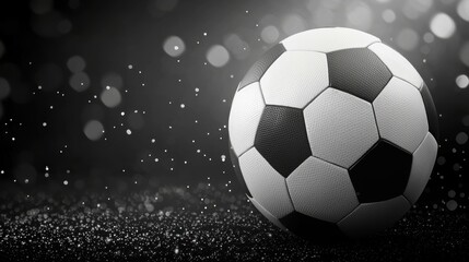 Fototapeta premium A close-up of a classic soccer ball on a shiny surface, capturing the essence of sportsmanship and excitement. Perfect for sports-themed projects.