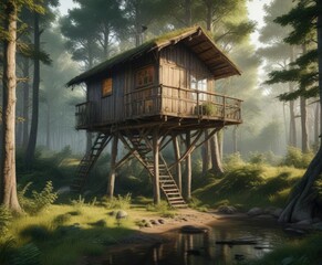 Secluded wooden hunting hut on stilts in the peaceful forest, wooden hut, hunting cabin, secluded, nature