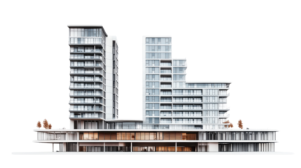 Modern skyscrapers rising above transparent background: urban architecture and city living