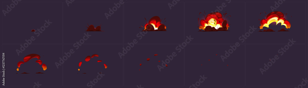 Poster game explosion animation sequence - bright flame frames in red and yellow colors on dark background.