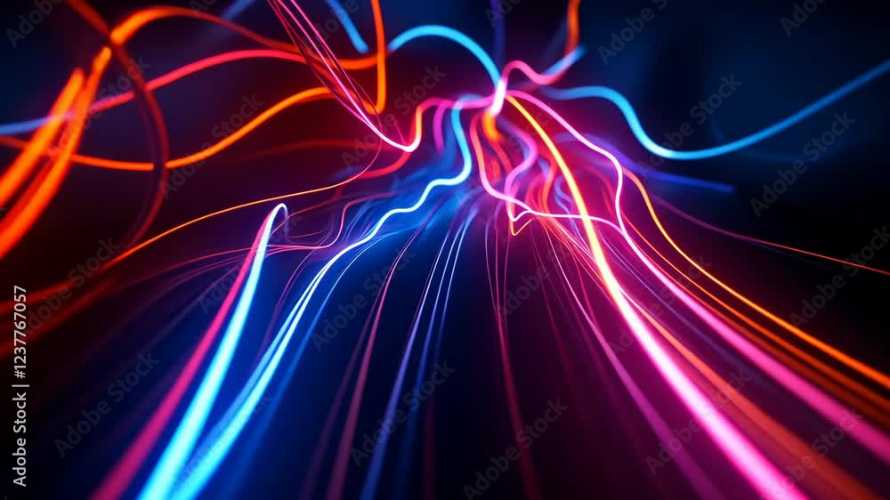 Poster dynamic neon light trails movement in vibrant abstract patterns