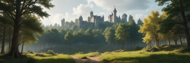 Obraz premium serene forest with a medieval castle in the distance, middle ages, medieval, distance