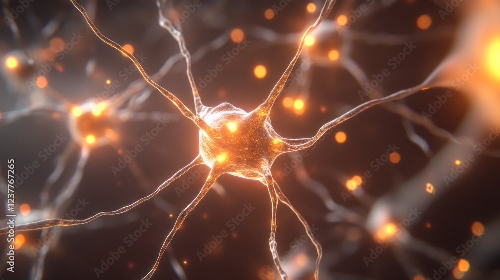 Poster a close-up view of a neuron with glowing connections, illustrating neural activity.