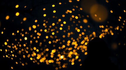 Abstract dark blue and gold particle background with Christmas golden light bokeh, shining particles on navy blue, gold foil texture, festive holiday concept