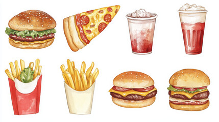 Fast food cafe banners of burgers and hamburgers, hot dog or sandwich and pizza, french fries, chicken and barbecue, burrito and soda, ketchup and mustard, menu templates with meals or snacks vector