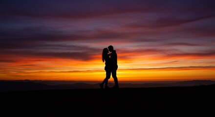 Silhouette Couple Embracing at Sunset Romantic Mountain View Dramatic Sky