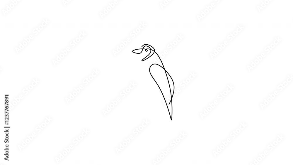 Poster penguin continuous one line drawing animation. a penguin is standing in the ice isolated on white ba