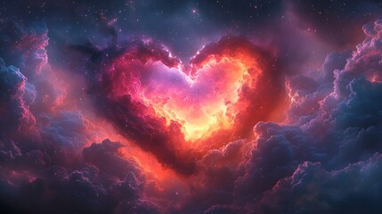 Cosmic Heart of Love: Vibrant Romance Amidst Glowing Nebula and Starlight Passion