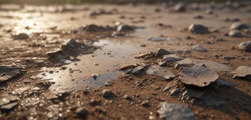 Single drop of rainwater hovering over dry and withered ground, aerial splash, dry ground