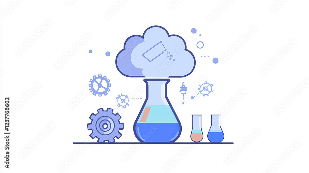 Poster experiment flat icons with a cloud of vapor with gear wheels above a conical flask with additional g
