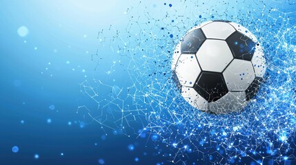 Obraz premium A dynamic image of a soccer ball in motion, surrounded by a burst of blue particles, symbolizing energy and excitement in the sport.