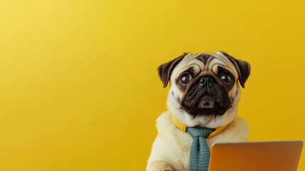 Portrait of happy dog of the pug breed office worker in a tie. Dog looking at laptop. Yellow background. Free space for text.