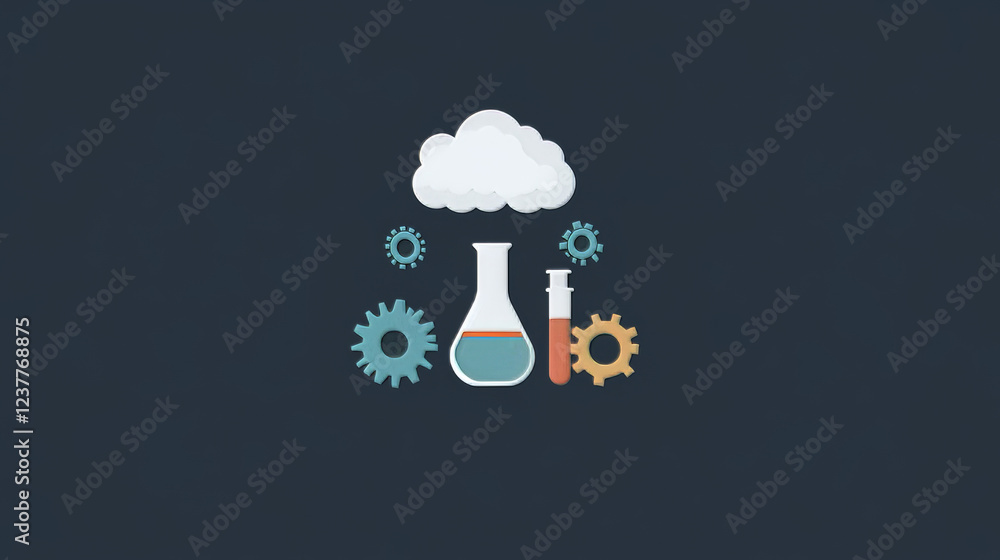Poster experiment flat icons with a cloud of vapor with gear wheels above a conical flask with additional g