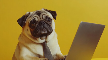 Portrait of happy dog of the pug breed office worker in a tie. Dog looking at laptop. Yellow background. Free space for text.