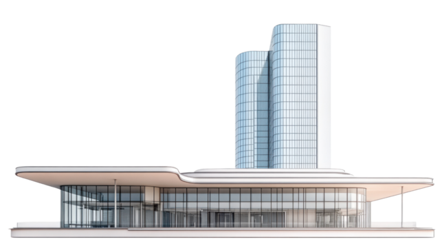 Modern office building with transparent background rising above ground level