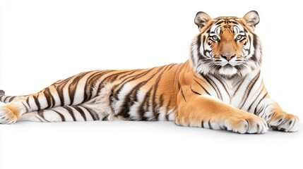 Obraz premium Majestic Tiger Lying on White Background with Striking Stripes
