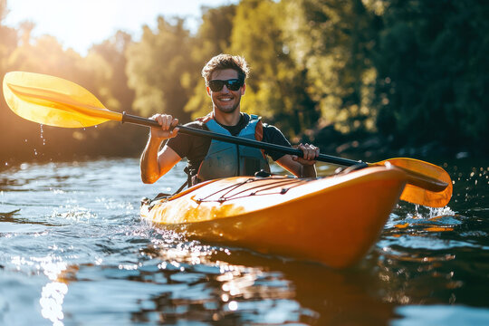 A joyful young man paddles a bright orange kayak on tranquil waters, surrounded by vibrant forests under a golden sunset, capturing the essence of adventure.