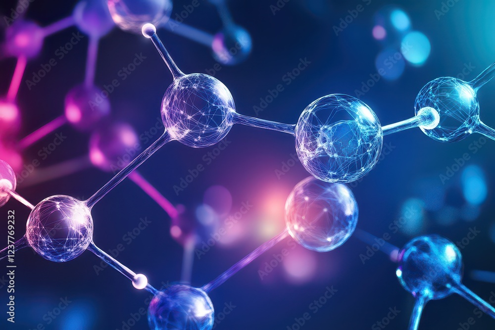 Poster abstract molecular structure with glowing particles, illustrating scientific concepts in a vibrant b