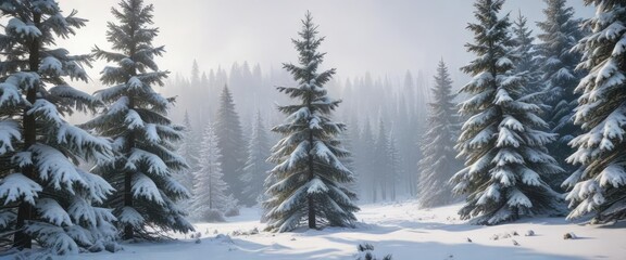 Fototapeta premium Snow-covered evergreen trees in a frosty winter landscape, icy landscape, snow-covered evergreen