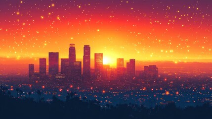 Sunset cityscape, glittering sky, hills, urban fantasy, website banner