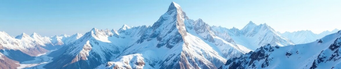 Snow-covered mountain range with towering peaks, mountain scenery, snow capped mountains, snowfall