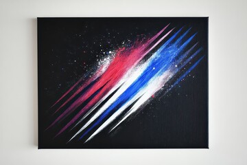 Abstract painting featuring dynamic streaks of red, white, and blue on a black background