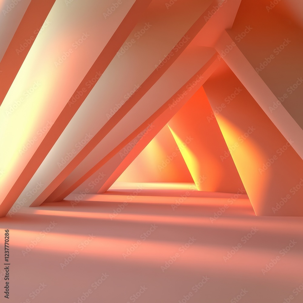 Poster abstract architectural space with warm lighting and triangular shapes exuding modernity.