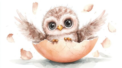 Naklejka premium A cute baby owl hatching from its eggshell, surrounded by delicate shell fragments. This charming illustration captures the essence of new beginnings.