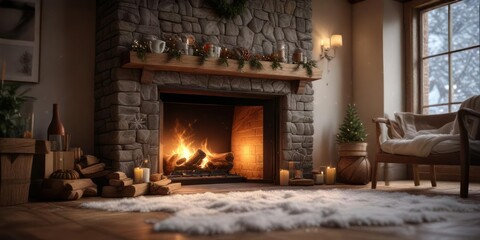 Snowflakes falling gently outside while inside enjoying a crackling fireplace on Christmas Eve , dark colors, cozy interior, snowfall