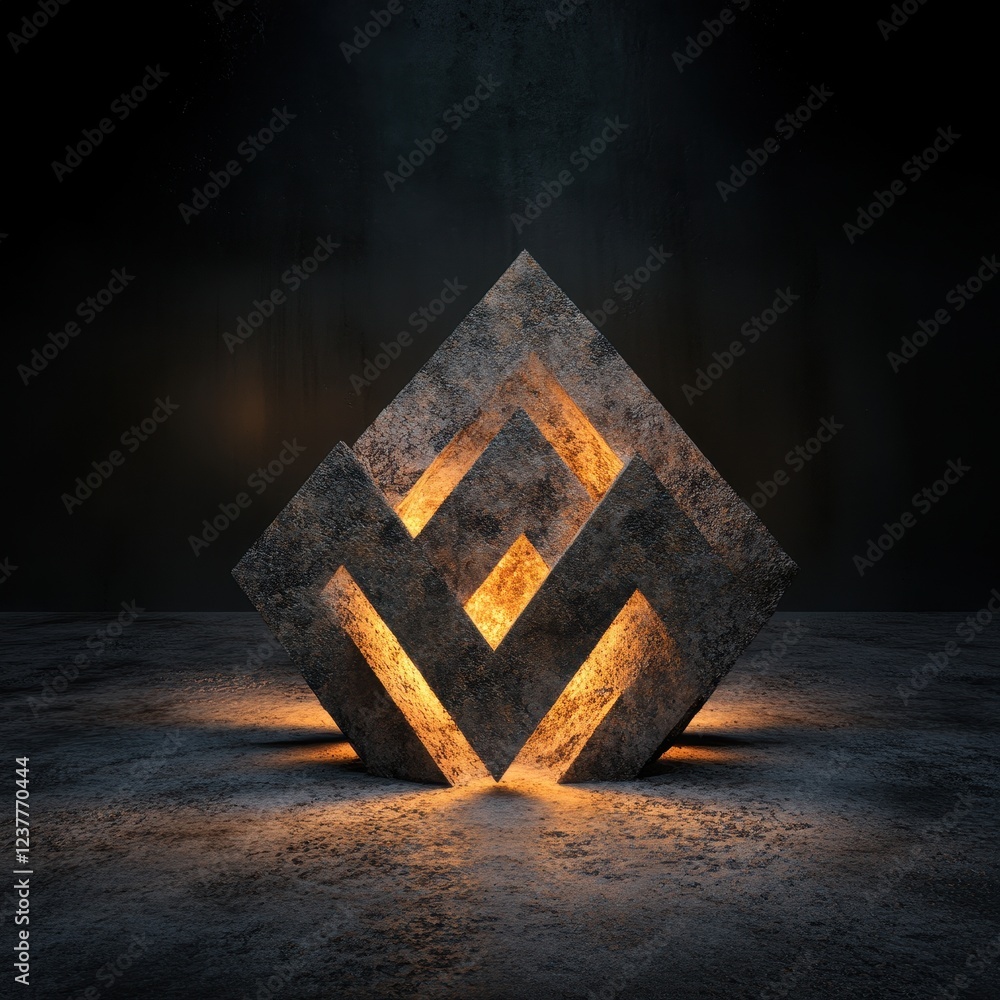 Poster an abstract geometric design featuring illuminated stone shapes in a dark setting.
