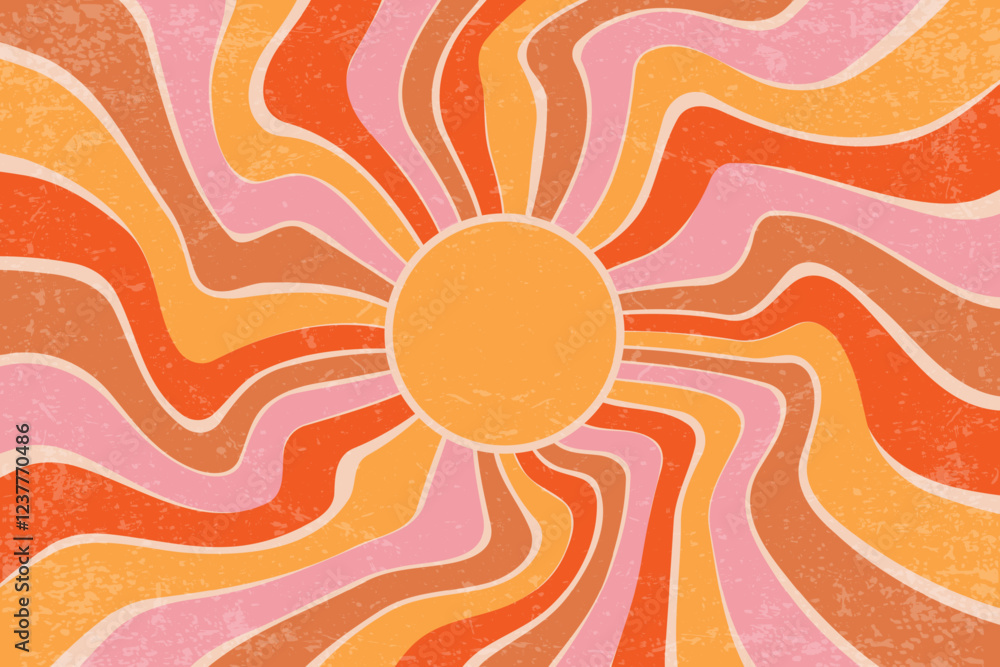 Poster sunrays retro background. vector summer 70s poster. abstract groovy design with grunge texture. old 