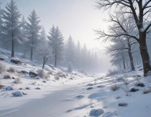 Snowflakes gently falling on a snowy landscape, delicate flakes, snow-covered hills, falling snow