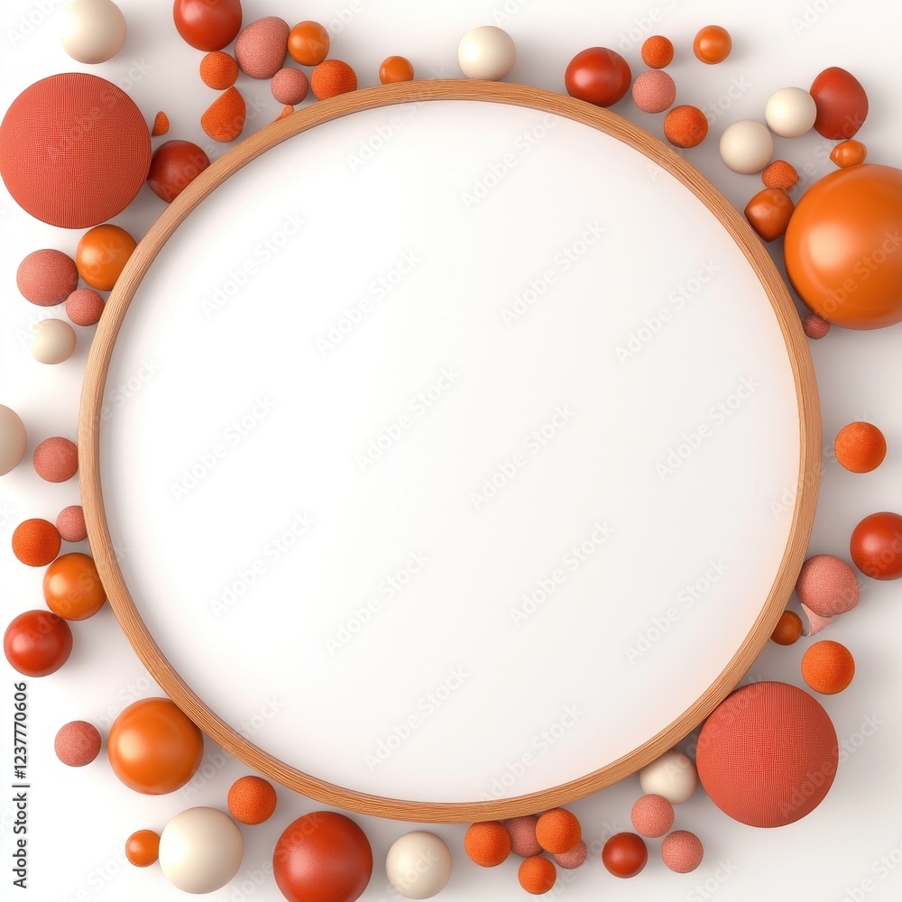 Poster creative abstract design with colorful spheres arranged around a blank circle.