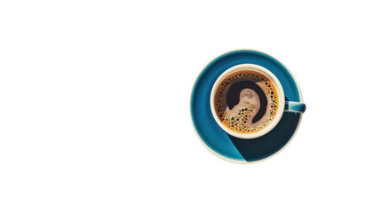Blue coffee cup with saucer on transparent background, directly above