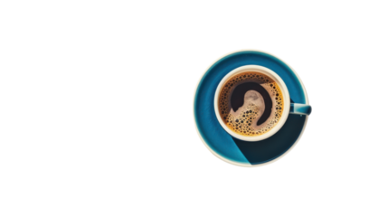 Blue coffee cup with saucer on transparent background, directly above