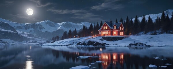 Snowy scene of a red house on a hill overlooking a frozen lake with a full moon shining above, frozen lake, winter wonderland