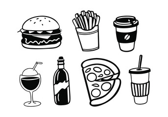 Food and Drink Icons Set - Restaurant, Fast Food, and Beverage Vector Illustrations