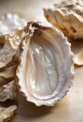 Soft focus mother of pearl oyster shell in warm lighting , cozy, calming