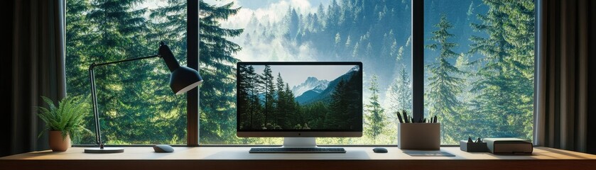 Fototapeta premium Sleek modern home office featuring a laptop, monitor, and wireless mouse for a productive workspace.