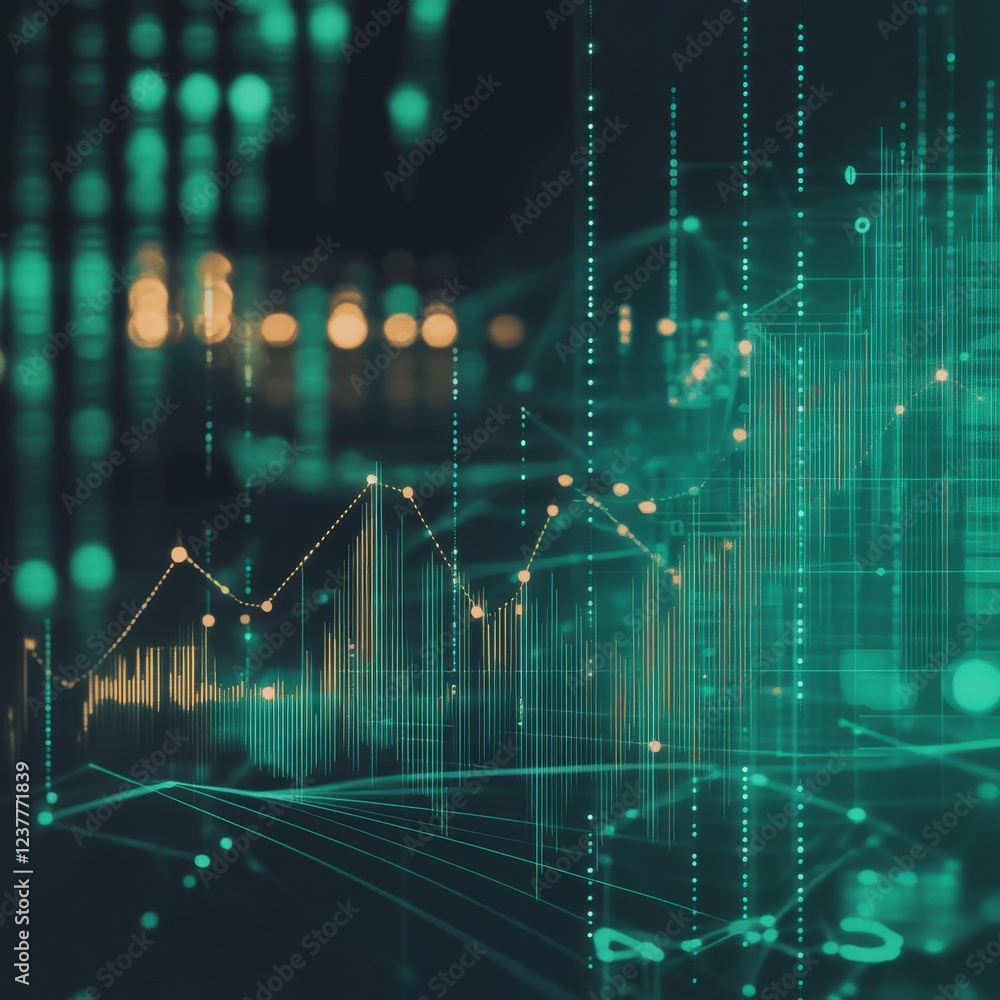 Poster abstract data visualization with green and blue digital elements