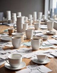 Softly focused office background with scattered papers and empty coffee cups, dim lighting, blurry background, minimalist