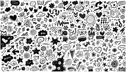 Obraz premium Hand-Drawn Doodle Set – Black and White Sketches with Arrows, Stars, Hearts, Clouds, Speech Bubbles, Swirls, and Decorative Elements – Perfect for Backgrounds, Patterns, and Design Projects
