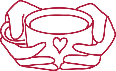 Outline vector illustration of hands holding cup with the heart. Love, romantic, st valentine,s day symbol.
