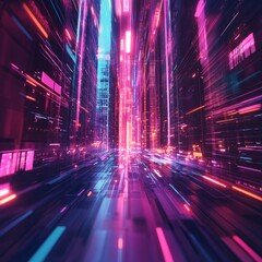 Fototapeta premium Futuristic Cityscape with Neon Lights and Abstract Motion Blur