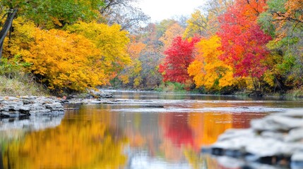 Fototapeta premium Autumn river reflection, vibrant foliage, calm waters, park background, nature photography