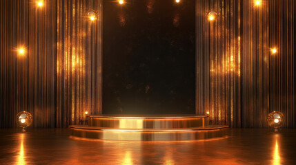Podium with golden light lamps background