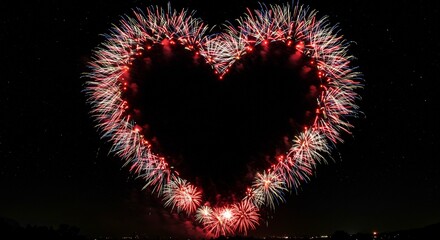 Spectacular Heart Shaped Fireworks Display at Night Red White and Blue Pyrotechnics