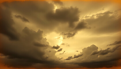 Obraz premium Golden sky, dramatic clouds, sepia tones, atmospheric landscape, ethereal sunlight, moody weather, panoramic vista, painterly effect, dreamy horizon, wispy cloud formations, amber glow, celestial atmo
