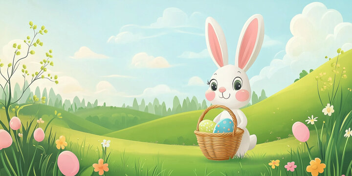 Moderner lustiger Osterhase im Cartoon-Stil mit Korb, leuchtende Farben in gr&uuml;ner Landschaft, Frohe Ostern, Werbeschild