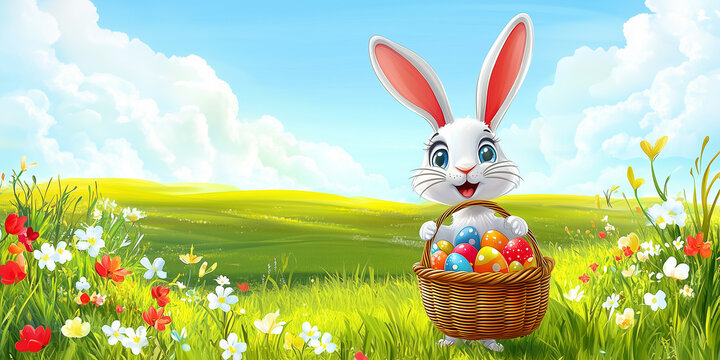 Moderner lustiger Osterhase im Cartoon-Stil mit Korb, leuchtende Farben in gr&uuml;ner Landschaft, Frohe Ostern, Werbeschild